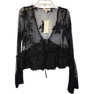 NWT Black Sheer Lace Tie Front Top XS Goth Coquette Balletcore Ruffle